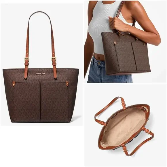 Michael Kors Jet Set Travel Medium Double Pocket Sould Tote/Bag Brown New - Picture 1 of 10